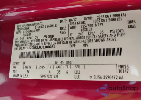 2018 Lincoln Mkc Select из США, поврежденный, VIN 5LMCJ2D93JUL08054